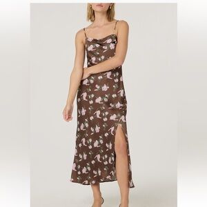 NWT Floral Brown Satin Slip Dress size large